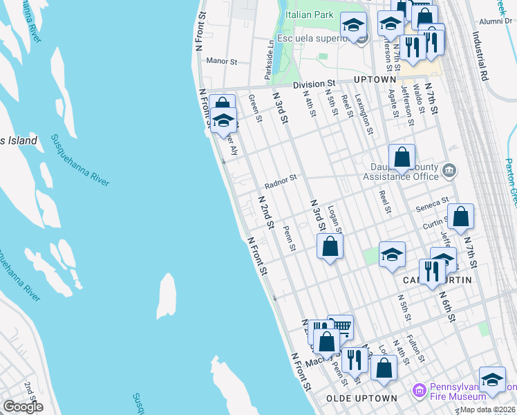 map of restaurants, bars, coffee shops, grocery stores, and more near 2528 North 2nd Street in Harrisburg