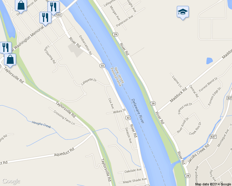 map of restaurants, bars, coffee shops, grocery stores, and more near 1044 River Road in Washington Crossing