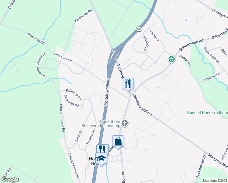 map of restaurants, bars, coffee shops, grocery stores, and more near 126 Pine Ford Road in Pottstown