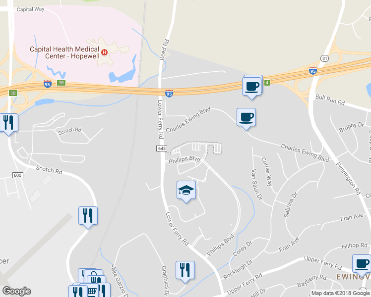 map of restaurants, bars, coffee shops, grocery stores, and more near 322 Timberlake Drive in Ewing Township