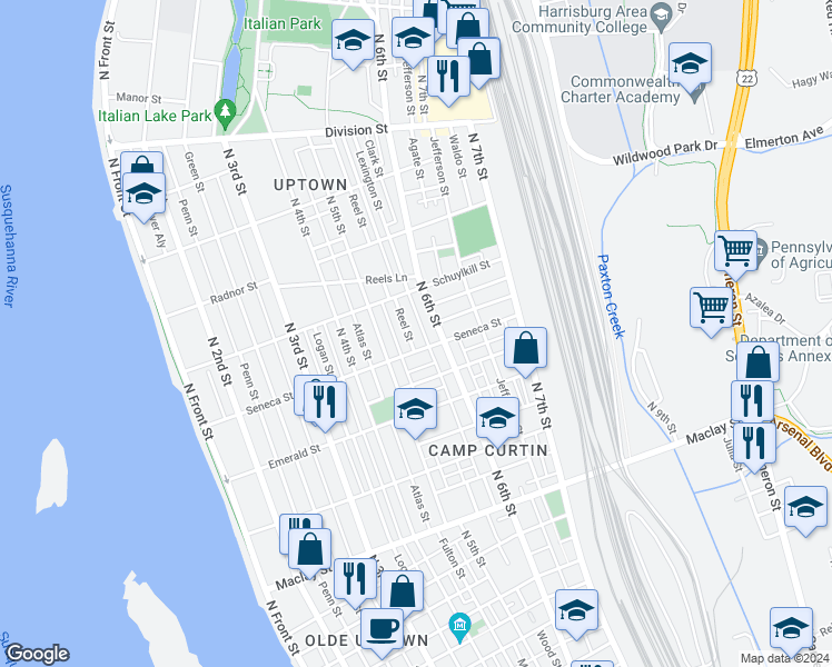 map of restaurants, bars, coffee shops, grocery stores, and more near 2419 Reel Street in Harrisburg