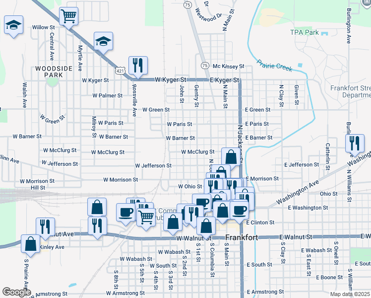map of restaurants, bars, coffee shops, grocery stores, and more near 356 W Mcclurg St in Frankfort