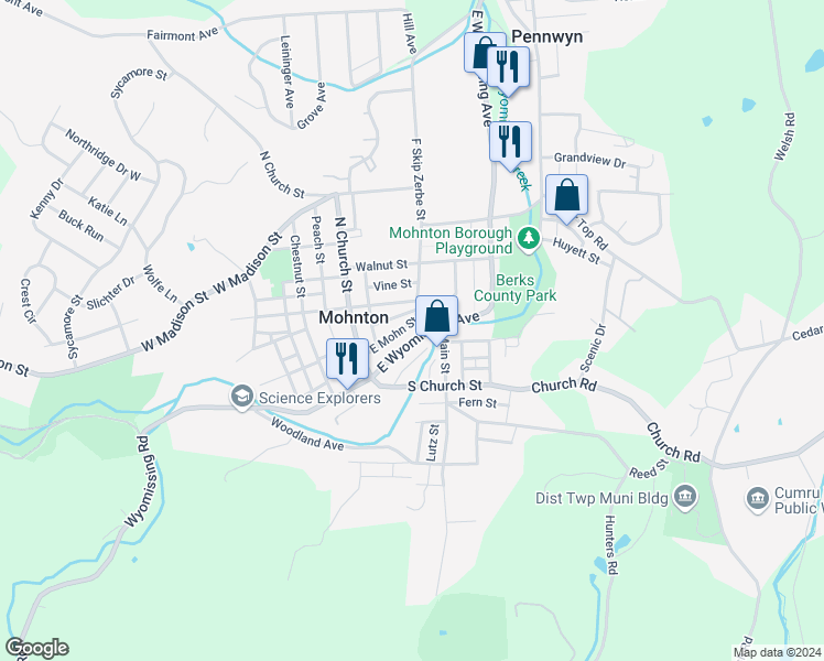 map of restaurants, bars, coffee shops, grocery stores, and more near 58 East Mohn Street in Mohnton