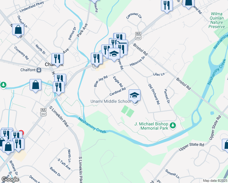 map of restaurants, bars, coffee shops, grocery stores, and more near 151 Cardinal Road in Chalfont