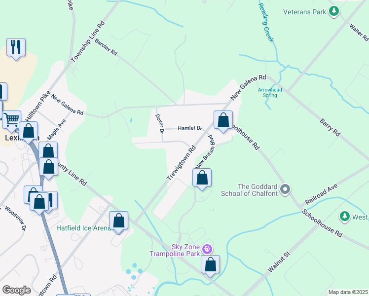 map of restaurants, bars, coffee shops, grocery stores, and more near 121 Village Way in Chalfont