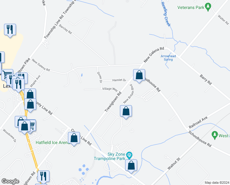 map of restaurants, bars, coffee shops, grocery stores, and more near 123 Village Way in Chalfont