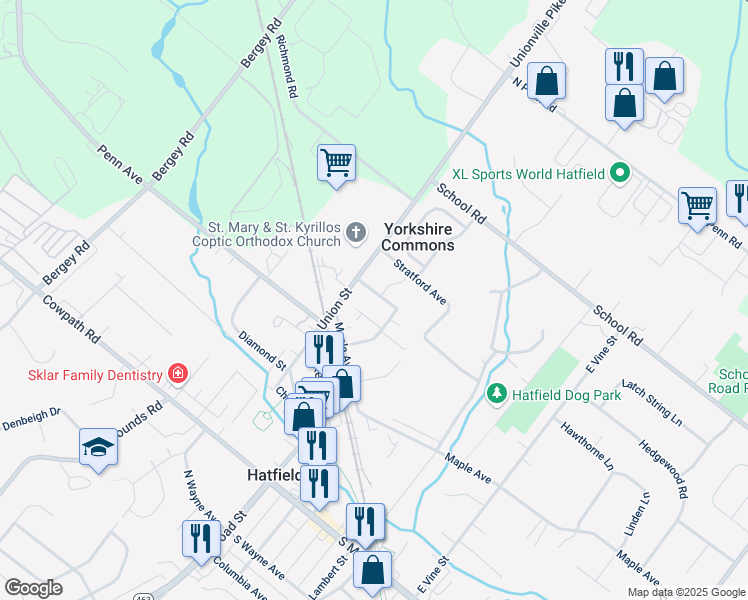 map of restaurants, bars, coffee shops, grocery stores, and more near 54 Garfield Avenue in Hatfield