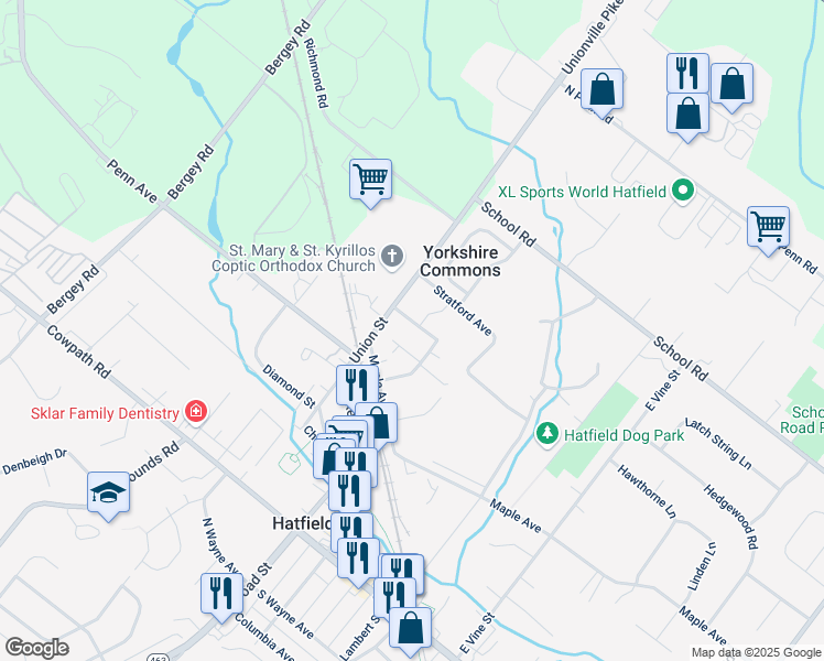 map of restaurants, bars, coffee shops, grocery stores, and more near 54 Garfield Avenue in Hatfield