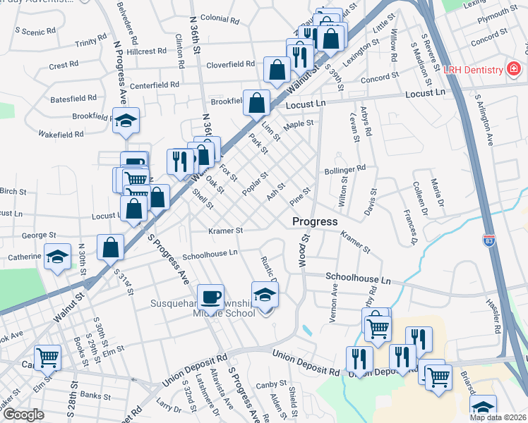 map of restaurants, bars, coffee shops, grocery stores, and more near 303 Fox Street in Harrisburg