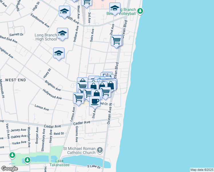 map of restaurants, bars, coffee shops, grocery stores, and more near 554 Ocean Boulevard in Long Branch