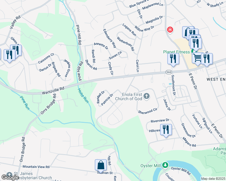 map of restaurants, bars, coffee shops, grocery stores, and more near 3 Patricia Drive in Enola