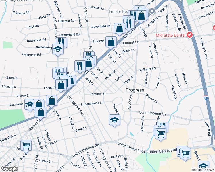 map of restaurants, bars, coffee shops, grocery stores, and more near 205 Oak Street in Harrisburg