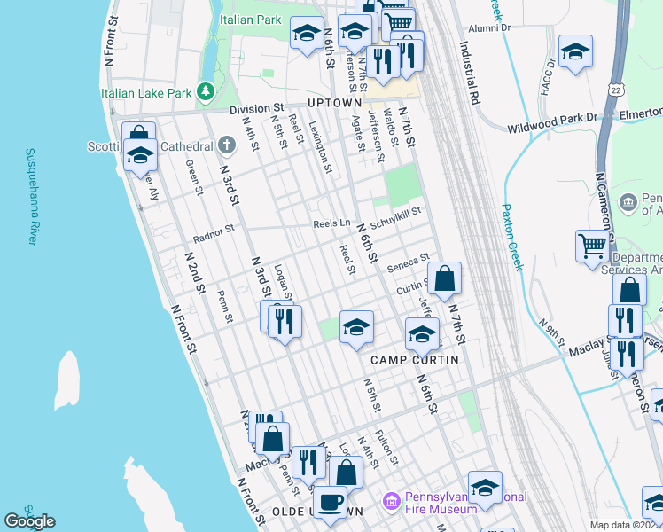 map of restaurants, bars, coffee shops, grocery stores, and more near 2427 North 5th Street in Harrisburg