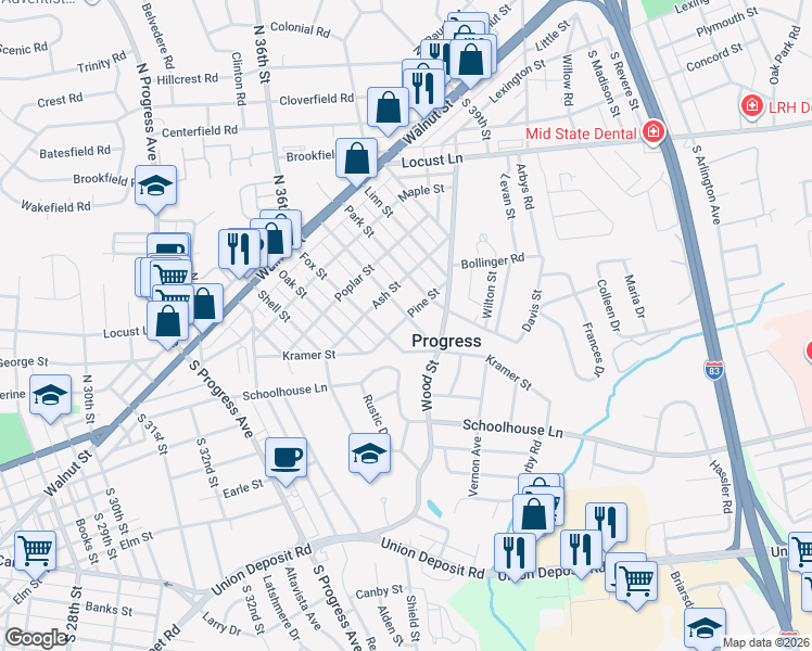 map of restaurants, bars, coffee shops, grocery stores, and more near 401 Fishburn Street in Harrisburg