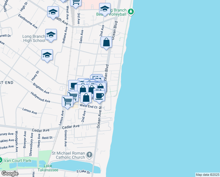 map of restaurants, bars, coffee shops, grocery stores, and more near 6 West End Avenue in Long Branch