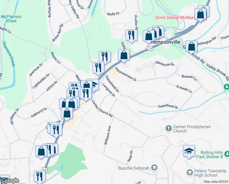 map of restaurants, bars, coffee shops, grocery stores, and more near 115 Longvue Drive in McMurray