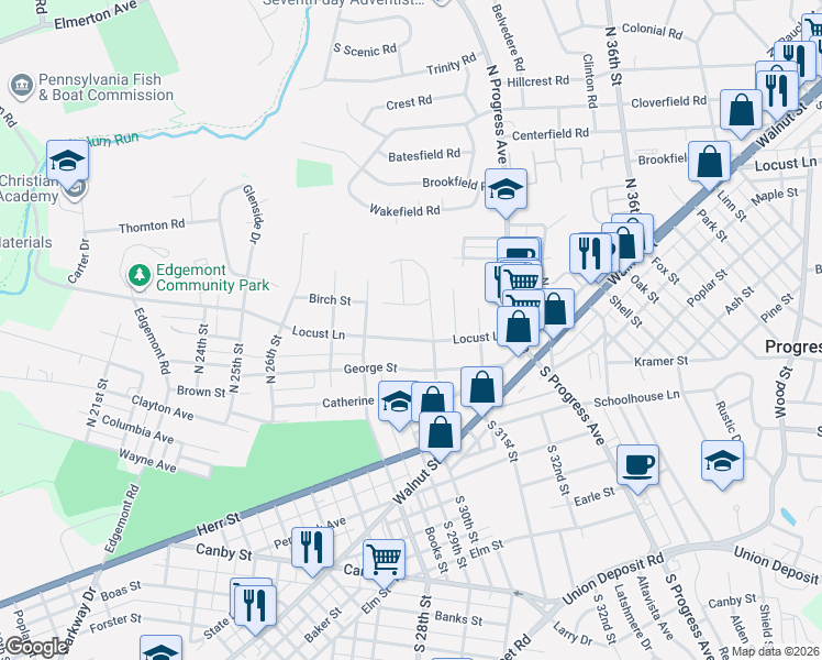 map of restaurants, bars, coffee shops, grocery stores, and more near 2926 Locust Lane in Harrisburg