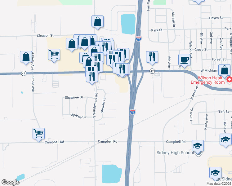 map of restaurants, bars, coffee shops, grocery stores, and more near 1801 Daniel Place in Sidney