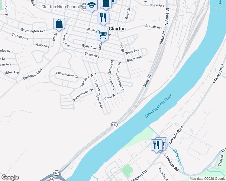 map of restaurants, bars, coffee shops, grocery stores, and more near 869 School Street in Clairton