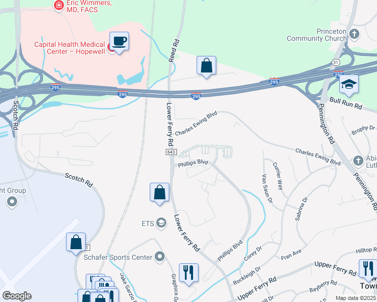 map of restaurants, bars, coffee shops, grocery stores, and more near 111 Timberlake Drive in Ewing Township