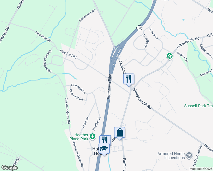map of restaurants, bars, coffee shops, grocery stores, and more near 1034 Fallbrook Lane in Pottstown