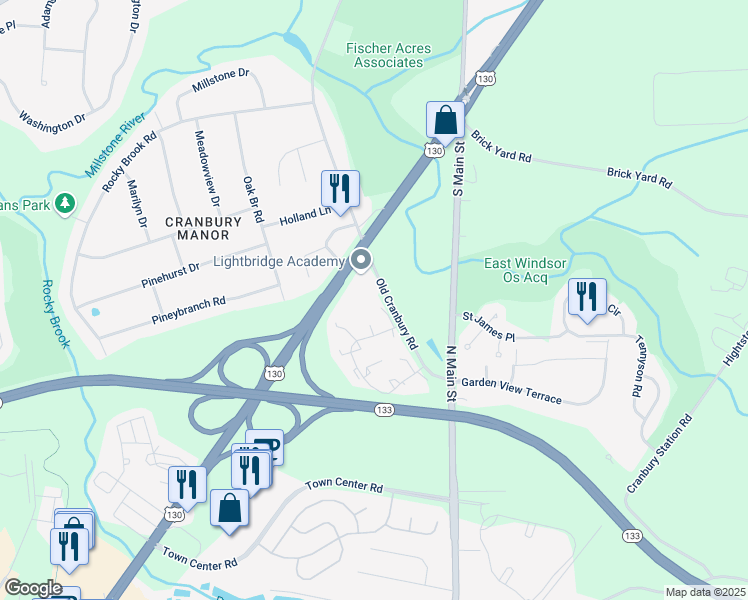 map of restaurants, bars, coffee shops, grocery stores, and more near 3 Williamson Court in East Windsor