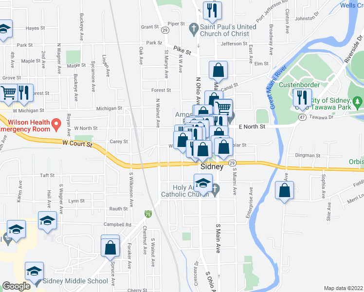 map of restaurants, bars, coffee shops, grocery stores, and more near 100 Northwest Avenue in Sidney
