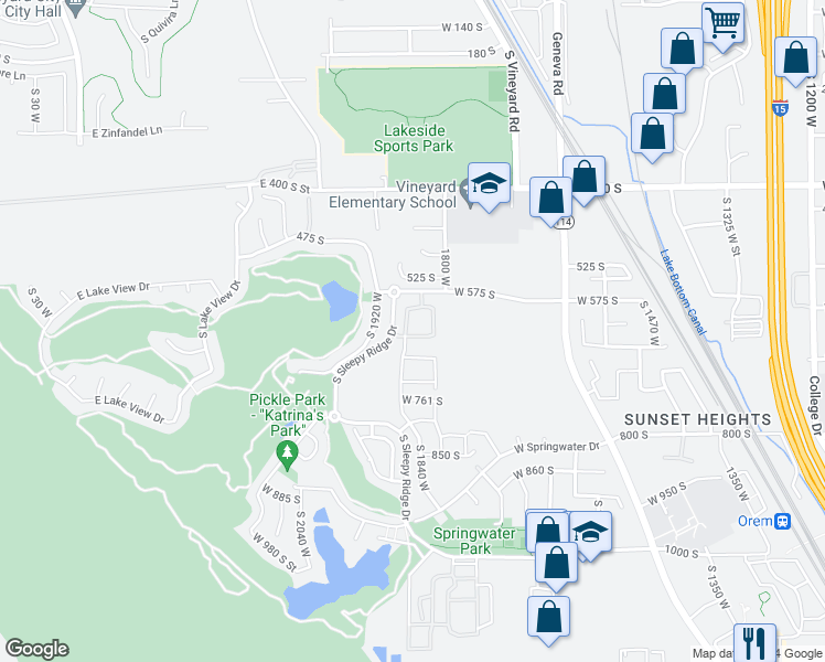 map of restaurants, bars, coffee shops, grocery stores, and more near 637 Shadow Brook Drive in Orem