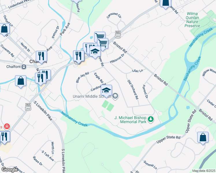 map of restaurants, bars, coffee shops, grocery stores, and more near 172 Cardinal Road in Chalfont
