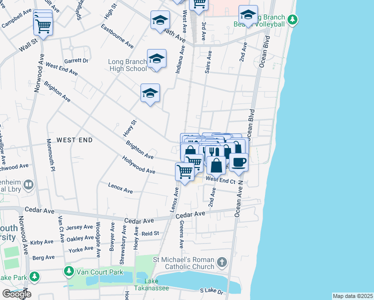 map of restaurants, bars, coffee shops, grocery stores, and more near 146 West End Avenue in Long Branch