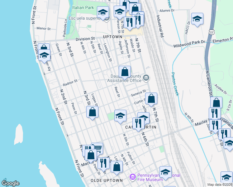 map of restaurants, bars, coffee shops, grocery stores, and more near 2430 Reel Street in Harrisburg