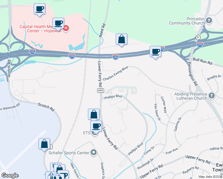 map of restaurants, bars, coffee shops, grocery stores, and more near 322 Timberlake Drive in Ewing Township