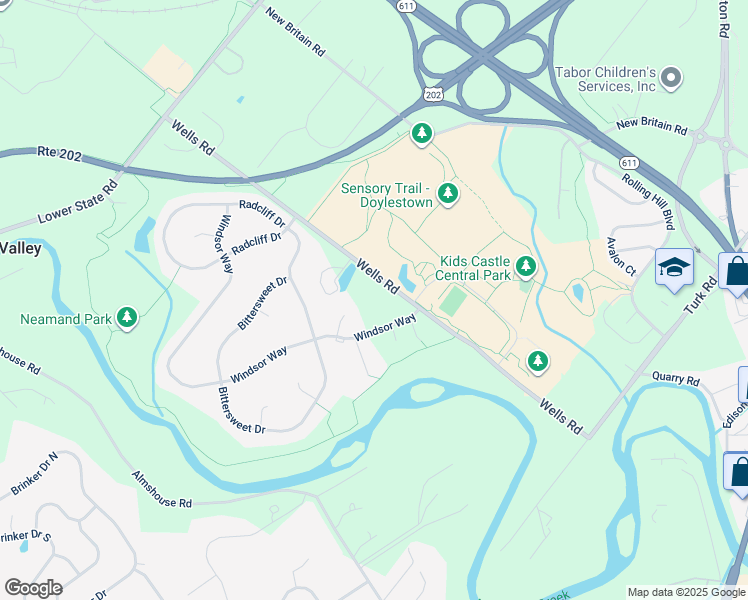 map of restaurants, bars, coffee shops, grocery stores, and more near 260 Wells Road in Doylestown