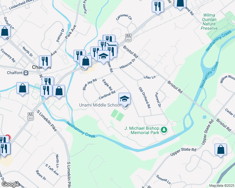 map of restaurants, bars, coffee shops, grocery stores, and more near 172 Cardinal Road in Chalfont