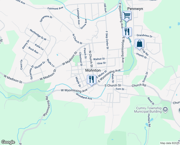 map of restaurants, bars, coffee shops, grocery stores, and more near 7 School Lane in Mohnton