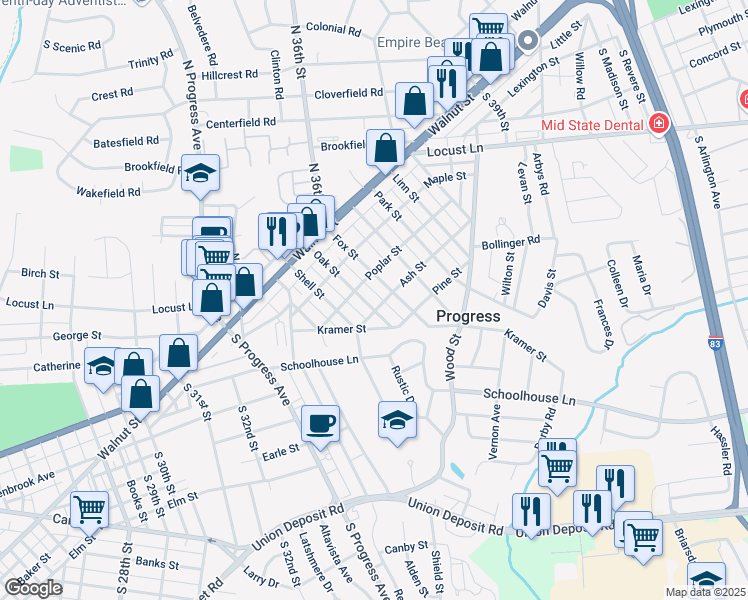 map of restaurants, bars, coffee shops, grocery stores, and more near 205 Oak Street in Harrisburg