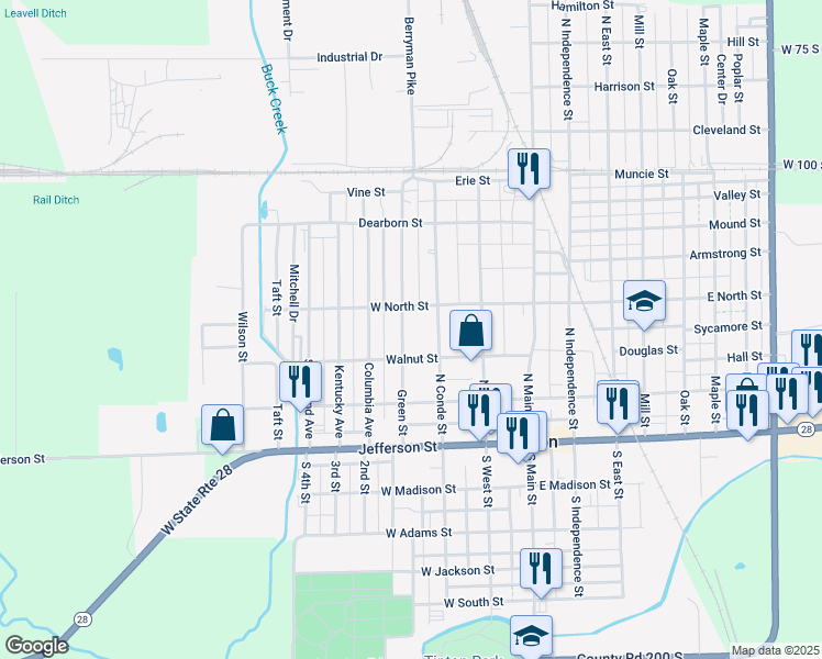 map of restaurants, bars, coffee shops, grocery stores, and more near 321 Green Street in Tipton