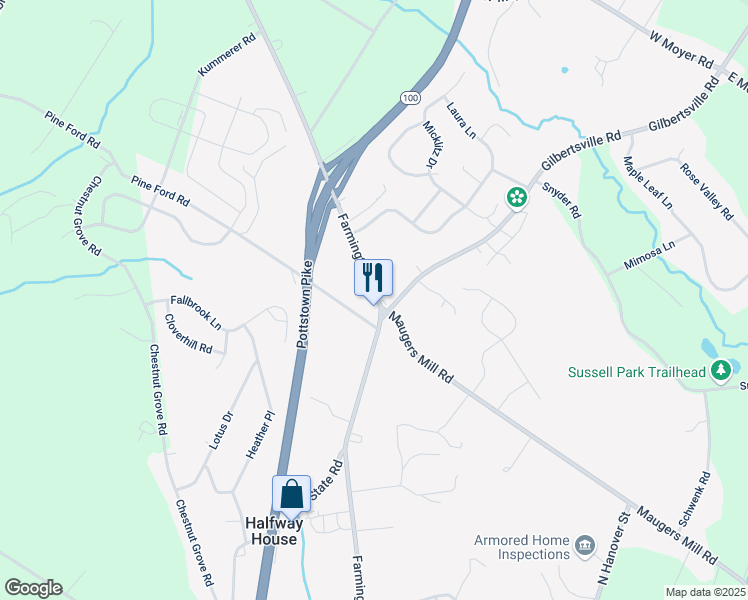 map of restaurants, bars, coffee shops, grocery stores, and more near 1512 Farmington Avenue in Pottstown