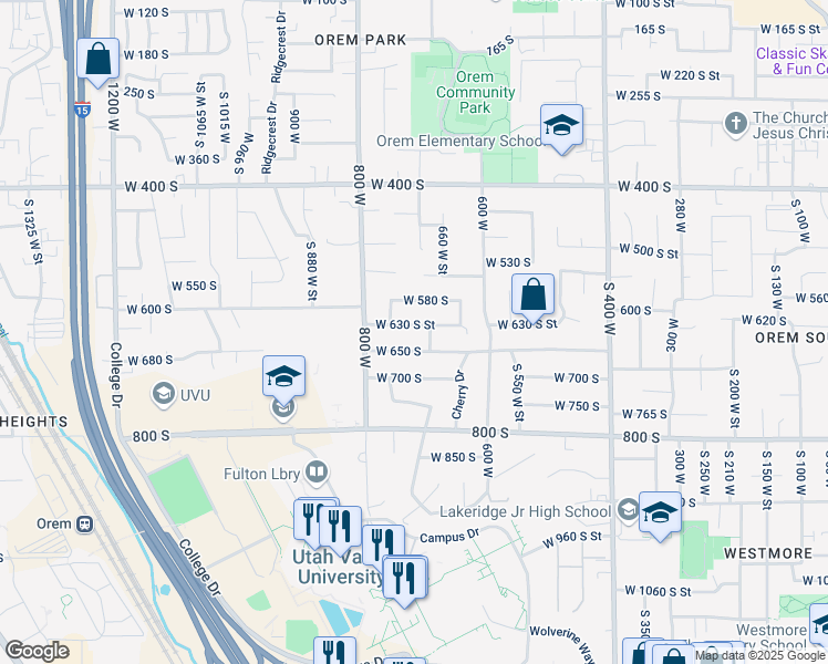 map of restaurants, bars, coffee shops, grocery stores, and more near 725 West 630 South in Orem