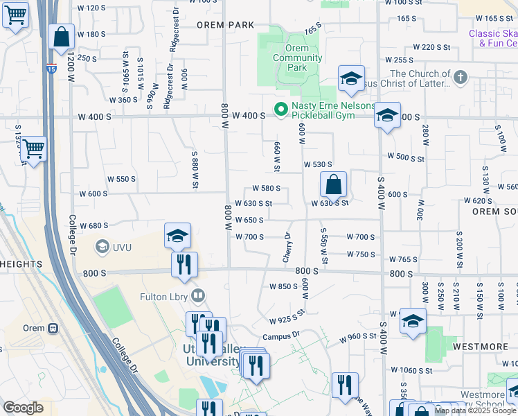 map of restaurants, bars, coffee shops, grocery stores, and more near 725 West 630 South in Orem