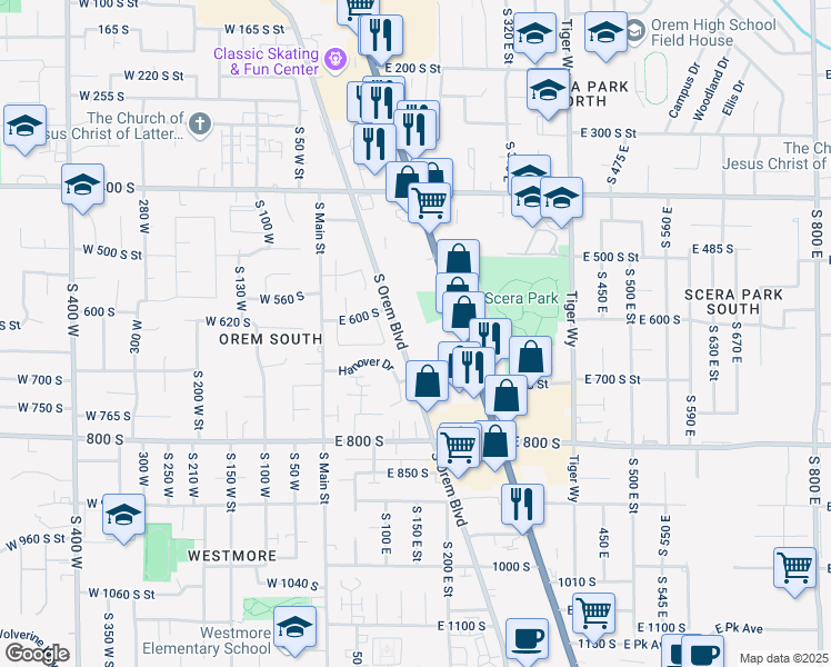 map of restaurants, bars, coffee shops, grocery stores, and more near 585 Orem boulevard in Orem