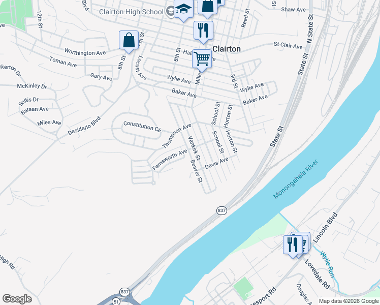 map of restaurants, bars, coffee shops, grocery stores, and more near 855 Vankirk Street in Clairton