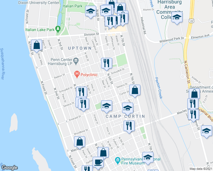 map of restaurants, bars, coffee shops, grocery stores, and more near 2425 Reel Street in Harrisburg