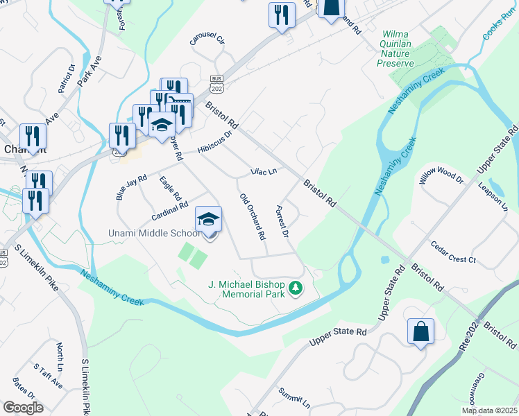 map of restaurants, bars, coffee shops, grocery stores, and more near 161 Old Orchard Rd in Chalfont