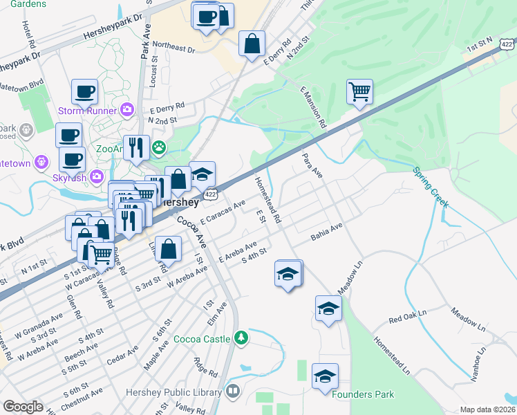 map of restaurants, bars, coffee shops, grocery stores, and more near 114 E Street in Hershey