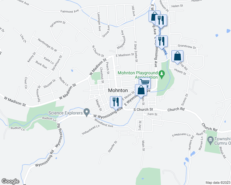map of restaurants, bars, coffee shops, grocery stores, and more near 56 North Church Street in Mohnton