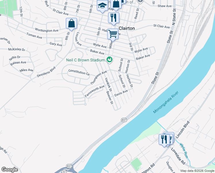 map of restaurants, bars, coffee shops, grocery stores, and more near 864 Vankirk Street in Clairton