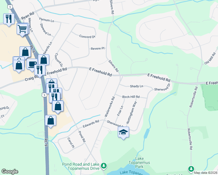 map of restaurants, bars, coffee shops, grocery stores, and more near 908 Waterworks Road in Freehold