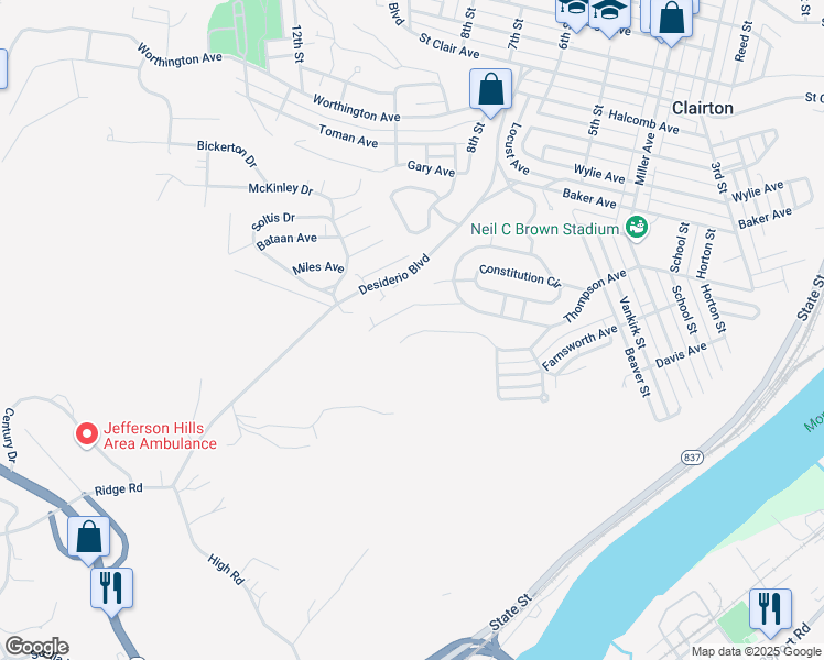 map of restaurants, bars, coffee shops, grocery stores, and more near 756 Lafayette Drive in Clairton