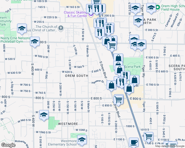 map of restaurants, bars, coffee shops, grocery stores, and more near 26 East 600 South in Orem